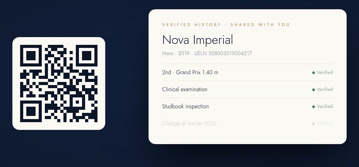 A buyer's view of a horse's verified history, opened from a QR code